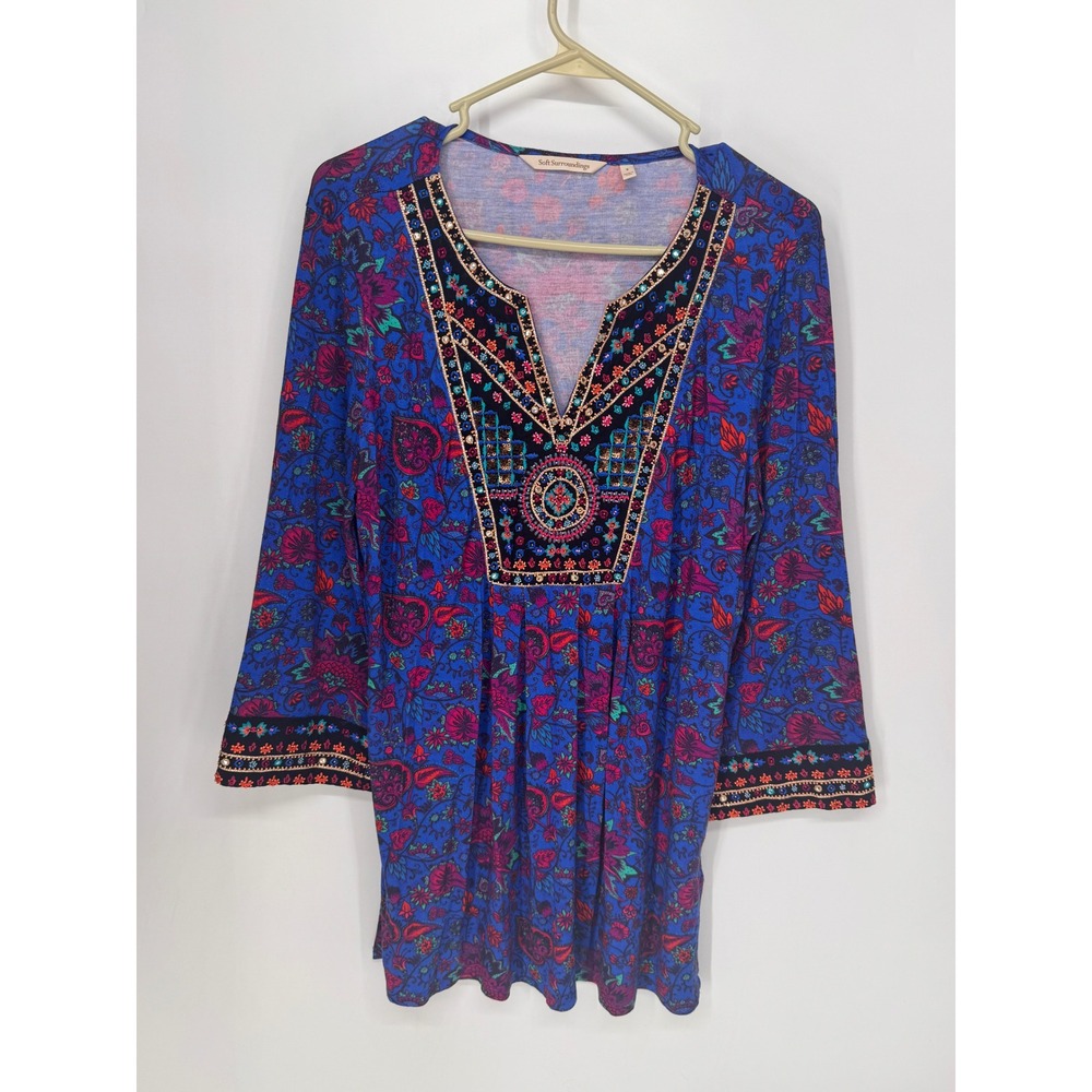 Soft Surroundings Tunic Women S Blue EUC Embroidered Sequin Boho Floral Top